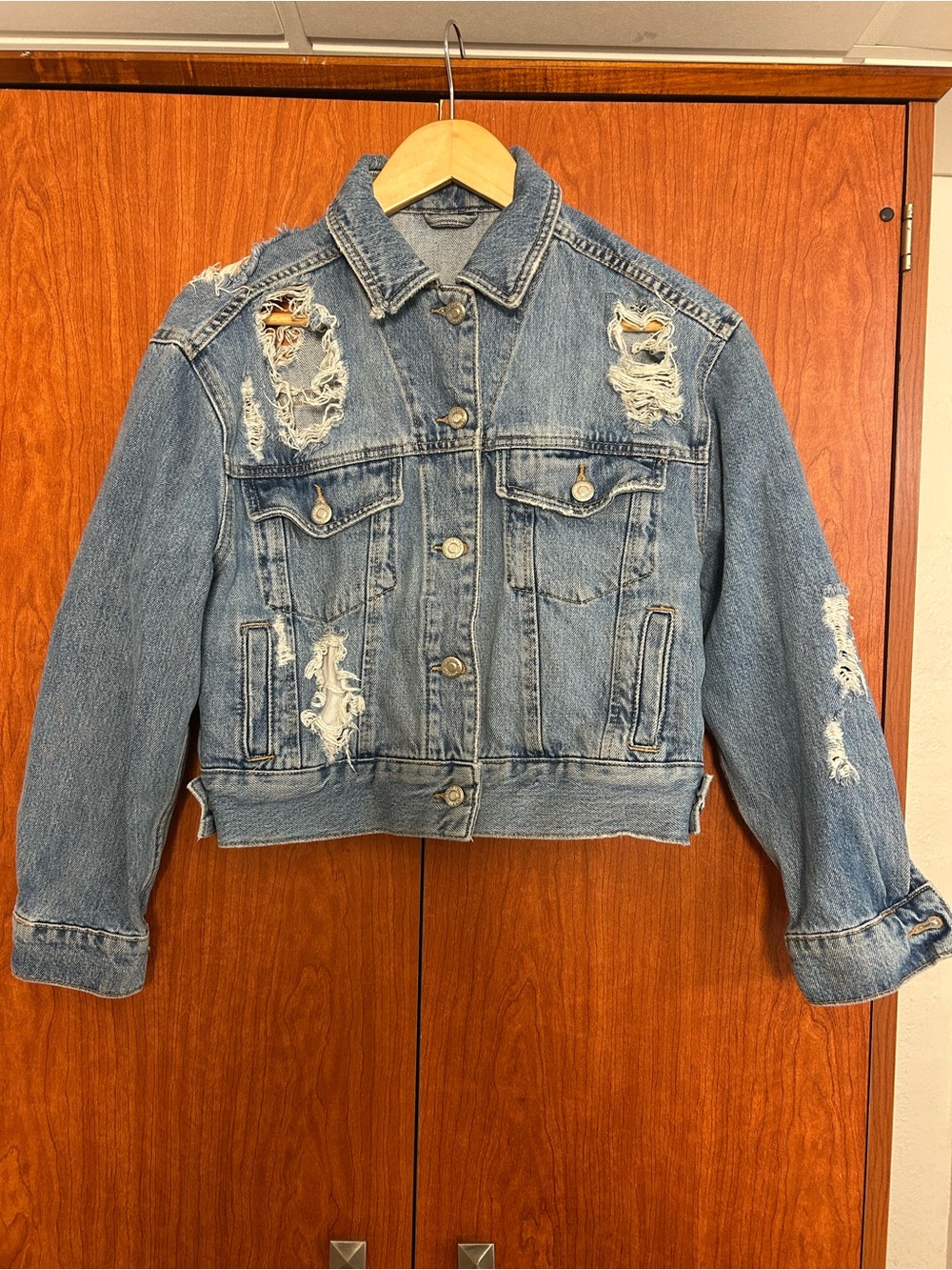 Topshop Distressed Light Blue Cropped Denim Jacket